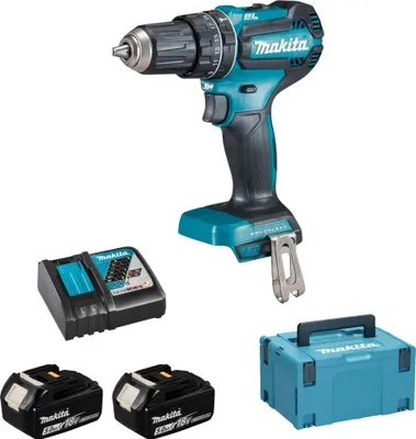 A set of power tools, including a drill, batteries, charger, and a storage case, arranged on a white background.