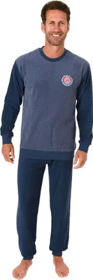 Produktbild von Langer Herren Frottee Pyjama, Schlafanzug mit Bündchen - 291 101 13 574 ; blau-melange , 48