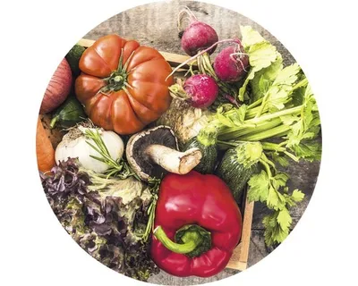 Produktbild von Glasbild Gemüse II mit Tomaten, Radieschen, Paprika, Ø 20 cm, Landhausstil
