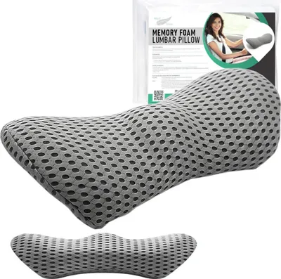 Produktbild von Orthopädisches Lendenkissen aus Memory Foam GRAU - Lendenwirbelkissen mit Befestigungsgurt für Bett, Auto, Bürostuhl - Rückenkissen zum Schlafen