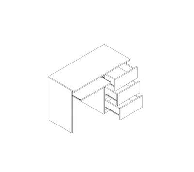 An isometric line drawing of a desk with three drawers open and a keyboard tray extended.