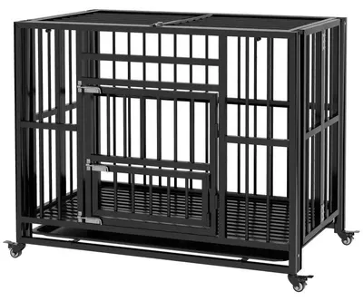 Produktbild von Hundebox mit Rädern und Futterluke | Farbe: Schwarz | Abmessungen: 58x94x78 cm