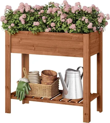 Produktbild von WOLTU Hochbeet Holz, 80x75x40 cm, Gemüsebeet mit Blumenkasten Ablageboden Folie : Braun Farbe: Braun