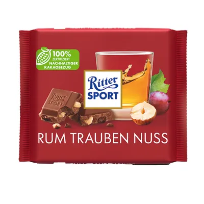Image de Ritter Sport - Diversité colorée - Rhum Raisin Noisette - 100g (rouge)