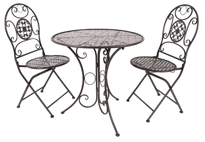 A brown metal bistro set with a round table and two chairs, presented on a white background.
