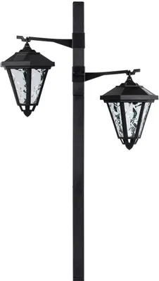 Produktbild von Solar Gartenlaterne mit LED Beleuchtung im Straßenlaternen-Design | ca. 137 cm hoch | 2 Lampenköpfe | Retro-Optik | ohne lästiges Kabel | einfache Montage | kalt-weiße LEDs