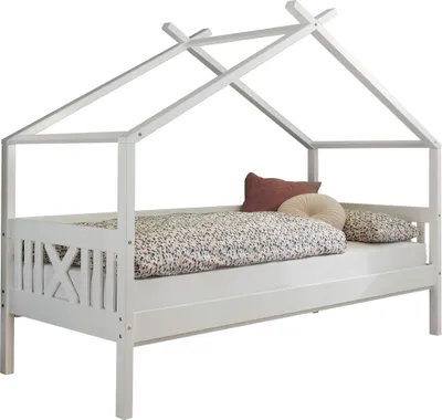 Produktbild von Hausbett - Weiß lackiert - Kiefer massiv - 90 x 200 cm - mit Überdachung