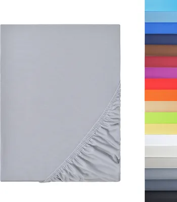 A flat sheet with elasticized corners, shown in gray, with a color swatch chart on the right.