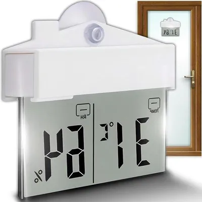 Obrázok produktu pre Okenný teplomer a vlhkomer, 11 x 9 cm, LCD displej, meranie izbovej teploty a vlhkosti, samolepiaci