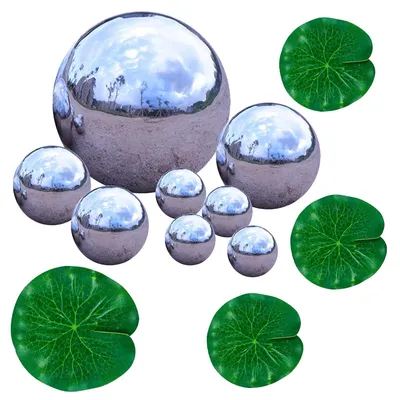 8 Edelstahl-Kugeln + 3 Lotusblätter, 20–100 mm, spiegelpoliert, Gartendeko