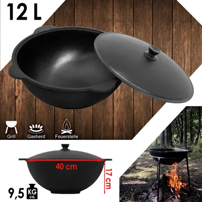 Immagine prodotto di Calderone da campeggio in ghisa Kazan 12 L NAMANGAN con coperchio, WOK, bollitore, campeggio, barbecue cucina all'aperto