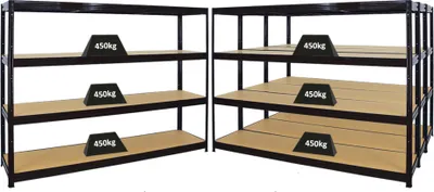 Produktbild von Mega Deal | 4x Schwerlastregal DINO | HxBxT 180x240x60cm | 4 MDF-Platten-Ebenen 6,5 mm | Fachlast 450kg | Schwarz
