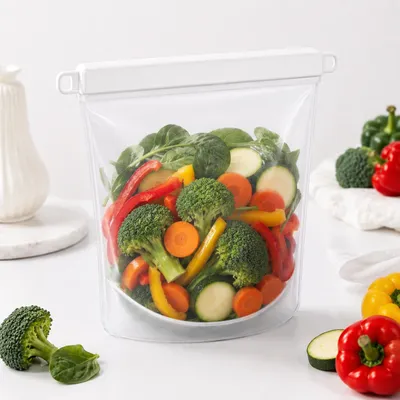 Produktbild von Silikon Gefrierbeutel 1500 ml – Wiederverwendbar, BPA-frei, auslaufsicher, spülmaschinenfest, Standboden, luftdichter Zip-Verschluss für Lebensmittel, KI-generiertes Bild