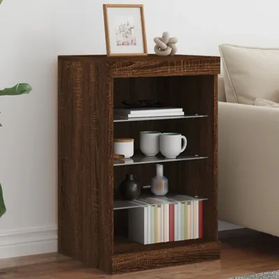 A wooden sideboard with shelves displaying decorative items and books.