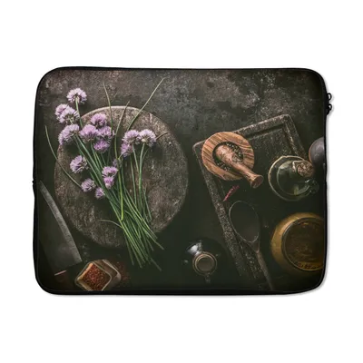 Produktbild von MuchoWow® Laptop Hülle 17 Zoll Laptoptasche Schnittlauch - Küche - Mörser - Rustikal - Kräuter - Lila - Zipper - Schutzabdeckung