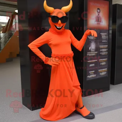 Immagine prodotto di Personaggio del costume della mascotte REDBROKOLY del diavolo arancione vestito con un abito da sera e occhiali da sole
