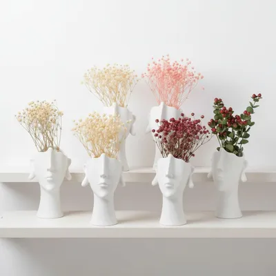 Produktbild von 6 Stück Vase Keramik weiß, Gesicht Kopf Deko Blumenvase Tischvase