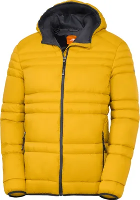A yellow puffer jacket with a gray zipper and hood lining.