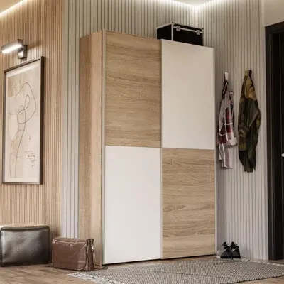 Produktbild von Multifunktions-Schiebetürenschrank mit 2 Türen - Weiß und helle Eiche - L120 x T41,6 x H190,5 cm - OZZULA