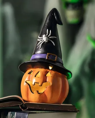 Image de Photophore LED Halloween "Chapeau de sorcière" pour l'intérieur, déco citrouille, déco Halloween avec éclairage, déco lumineuse