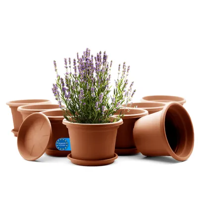 Produktbild von BigDean 8 Stück Blumentopf mit Untersetzer rund ø 25 cm Terrakotta – wetterfester Pflanzkübel Gefertigt in Europe