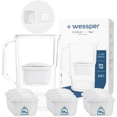 Image de Wessper Pichet filtre à eau 2,8 l avec compteur LED Compatible avec Brita Maxtra | Set de 10 Pichet filtre à eau + Cartouche filtre à eau - Blanc