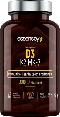 Produktbild von ESSENSEY - Vitamin D3 k2 I 2000 I.E I 90 Kapseln I Vitamin D (Cholecalciferol) 50 ?g (2000 UI) I Witamina K 75 ľg Form von Menachinon-7 I I 90 Tagesdosen I Leicht zu schlucken