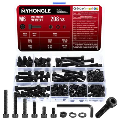 Produktbild von Schraubenset M6, 208-teilig, schwarze Sechskantschrauben mit Muttern, Befestigungsmaterial