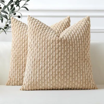 Produktbild von Set mit 2 Kissenbezügen aus Cord, dekorative Kissenbezüge, weiche Kissenbezüge, Zierkissen, Sofakissen, Boho-Dekorationsbezug, Kissenbezug für Sofa, Schlafzimmer, Wohnzimmer (40x40 cm, beige)