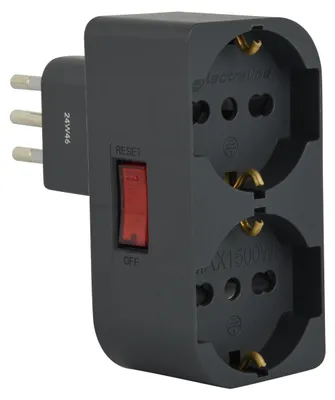 Productafbeelding van Ruimtebesparende dubbele adapter met twee stopcontacten en aan/uitschakelaar