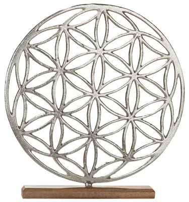Produktbild von Lebensblume Handgefertigte Aluminiumskulptur auf Holzbase aus Mangoholz