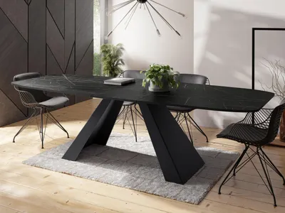 Produktbild von Esstisch Monte im Modern Stil, Rechteckiger Tisch in Schwarzer Marmoroptik - Ausziehbar von 160 cm bis 200 cm, Pulverbeschichtete Schwarze Metallbeine - 160 x 80 cm - Marmor Schwarz