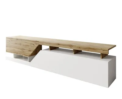 A long, low TV stand with a white base and a wooden top.