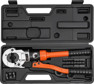 Image de Pince à sertir hydraulique pour tubes en cuivre - CW-1632 - 8 t - tête pivotante 360° - 5 mors en V 12-28 mm - poignée droite - orange