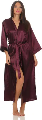 Produktbild von Damen langes Kimono Nachtmantel Seidenrobe Morgenmantel,  Aubergine S