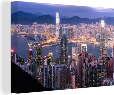 Produktbild von OneMillionCanvasses® - Leinwandbilder - 140x90 cm, Stadt - Berg - Hongkong, Wandbilder Kunstdruck Wanddekoration - Foto auf Leinwand - Gemälde auf Holzrahmen