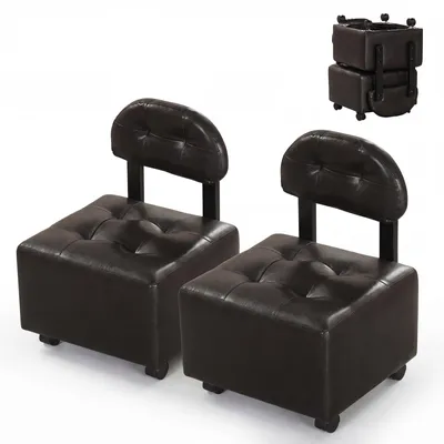 Image de COSTWAY Lot de 2 tabourets avec dossier, tabourets avec revêtement en similicuir et pieds en bois d'hévéa, petit repose-pieds jusqu'à 150 kg, tabourets rembourrés, noyer
