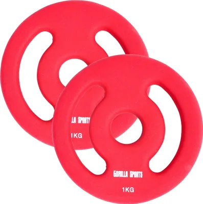 Two red weight plates with handles are shown against a white background.