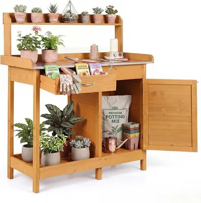 Imagen del producto de Mesa de jardín para exteriores, mesa de madera con cajones, armario inferior, placa de acero inoxidable y ganchos, armario de jardín resistente a la intemperie, mesa de trabajo para jardín y balcón, 112 x 46,5 x 125 cm (Amarillo)