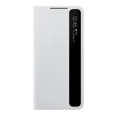 A white flip case for a smartphone, showing the time and date on a transparent window.