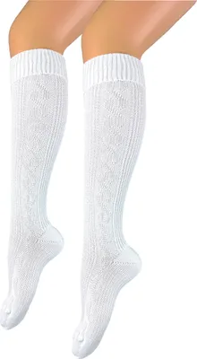 Produktbild von modische Damen und Herren Trachtenstrümpfe Kniestrümpfe mit edlem Häkellook und Zopfmuster lang kniehoch weiß – handgekettelte Naht – Oktoberfest