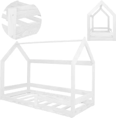 Produktbild von Springos® Kinderbett Hausoptik mit Lattenrost Dach und Rausfallschutz 80 x 160 cm Kiefernholz Niedriges Hausbett für Jungen und Mädchen