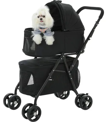 Image de Poussette double pour chiens et chats, avec sacs de transport amovibles et panier de rangement