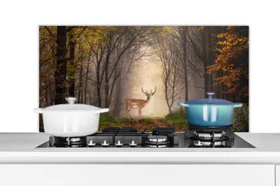 Produktbild von KitchenYeah®  Spritzschutz Küche - Küchenrückwand - Wandschutz für Herd und Spüle - Hirsch - Baum - Wald 100x50 - Alu-Dibond (Alternative zum Spritzschutz aus Glas) - Hitzebeständig - Herdspritzschutz
