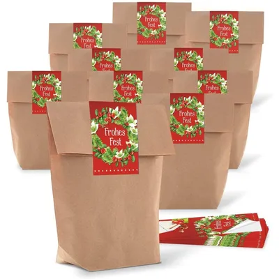 Produktbild von 25 braune natur weihnachtliche Verpackung Geschenk-Tüten Kraftpapier 14 x 22 x 5,6 cm + 25 Aufkleber FROHE WEIHNACHTEN Verpacken Weihnachtsgeschenke Geschenk-Papier Kundengeschenke natürlich"Frohes Fest" Weihnachtskranz Rot Grün / 50