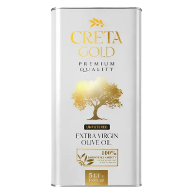 Creta Gold Unfiltered Olivenöl 5L Kanister auf weißem Grund