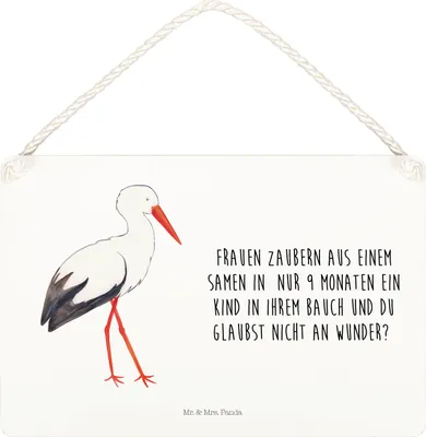 Produktbild von Mr. & Mrs. Panda Schild Storch DIN A5 - Weiß - Geschenk, Schwanger, Baby, Türschild, kleine aufmerksamkeit, Mutter, Störche, Dekoschild, holzbild, Holzschild