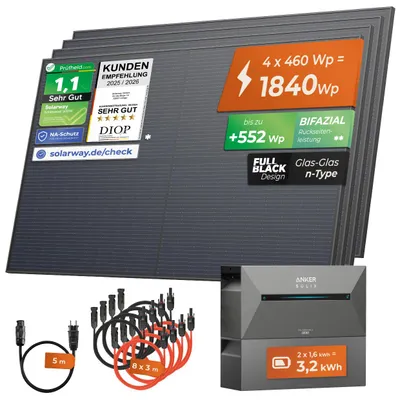 Produktbild von Solarway®️ 1840Wp / 800W Balkonkraftwerk mit 3,2 kWh Speicher komplett Steckdose - 3,2 kWh Anker SOLIX 2 PRO Speicher