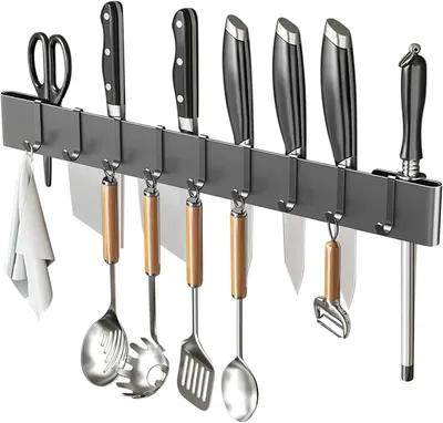 Produktbild von Halter für Küchenutensilien Kohlenstoffstahl zur Wandmontage, Messerregal mit Haken und Küchen-Organizer in Grau, 50 cm