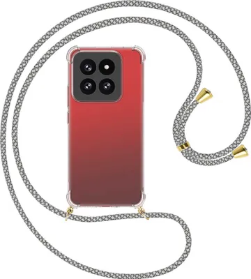 Produktbild von Handykette Backcover-Schutzhülle mit Band (Metall goldfarben) für Xiaomi 14 Pro (23116PN5BC) - weiß/grau kariert